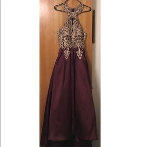 Burgundy/Maroon and gold evening gown
